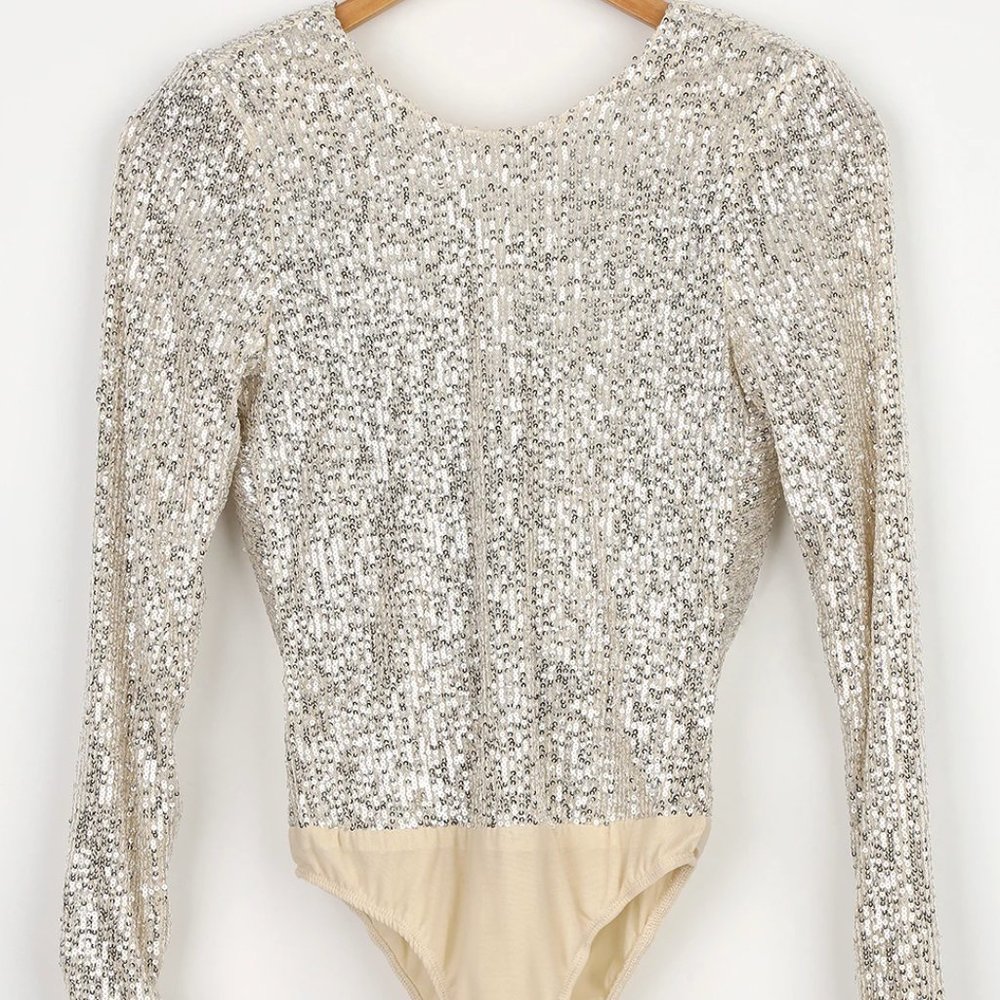 Lulus Shimmering Love Silver Sequin Cowl Back Bodysuit in Medium